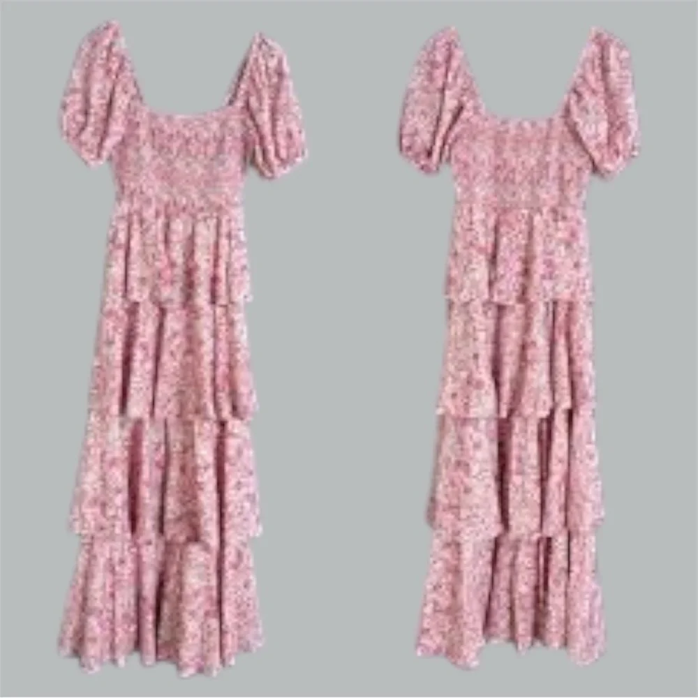 Entro Julia Pink Floral Tiered Maxi Dress Milkmaid Smocked Babydoll Size Large - Picture 4 of 4